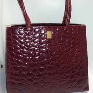 Furla Crocodile Embossed Leather Double Handle Bag Tote Purse Burgundy Color